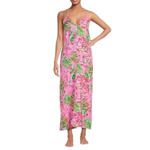 NWOT VAN WINKLE & CO Palm Print V-Neck Sleeveless Satin Maxi Chemise Dress Small